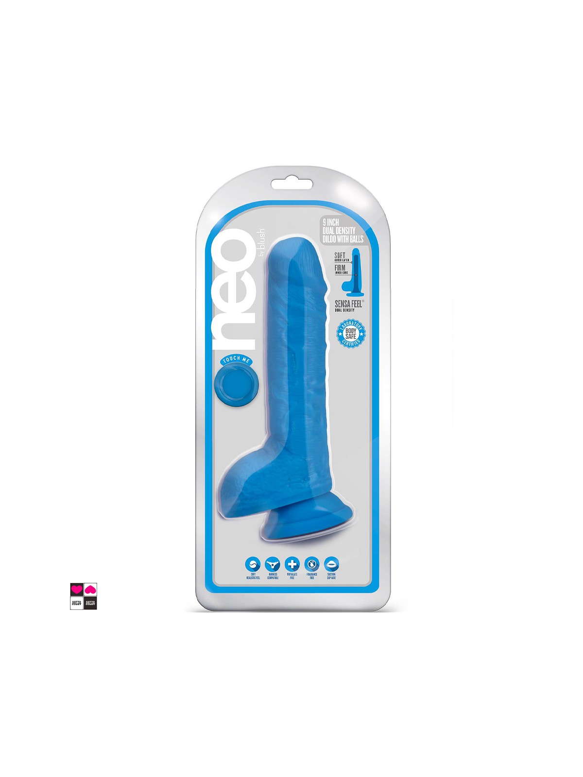 Dildo Neon Blue a Doppia Densità da 9 Pollici, privo di lattice, ftalati e fragranze. Lungo 22,8cm x 4cm